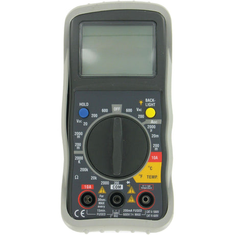 The Sparex Digital Multimeter - S.151762 has a black and gray casing, a large dial, various measurement settings including Voltage DC, an LCD screen, and three input ports at the bottom.