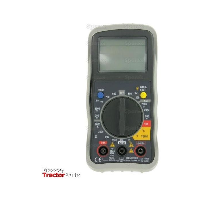 A Sparex Digital Multimeter - S.151762 with a grey and black casing, featuring a rotary switch, several input jacks for Voltage DC and Current AC measurements, and a backlit display screen. The "Massey Tractor Parts" logo is visible on the bottom left corner.