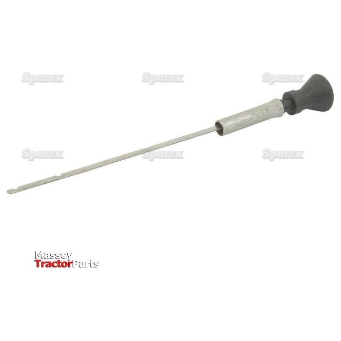 The Sparex metal dipstick, S.42619, featuring a black rubber handle and ideal for Landini tractors, is used for checking fluid levels and is displayed against a white background.
