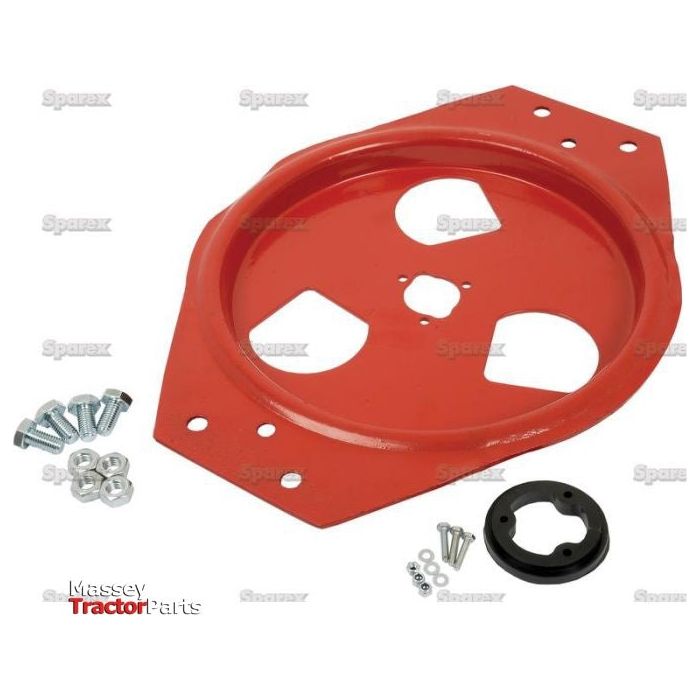 A vibrant red metal bracket featuring four mounting holes, accompanied by an assortment of screws, nuts, and a sleek black plastic ring are set against a pristine white backdrop. Prominently featured in the image are the "Massey Tractor Parts" and "Sparex" logos, highlighting the must-have components for your disc assembly. This is showcased as part of the Disc Assembly Kit (90020020KIT) with Sparex Part No. S.22783.