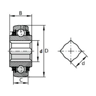 Technical drawing of a Sparex Disc Harrow Bearing (PDNF155/12) - S.55219, showing a cross-sectional side view with dimensions labeled B, C, D, and d, and a front view indicating the 2RS bearing diameter.