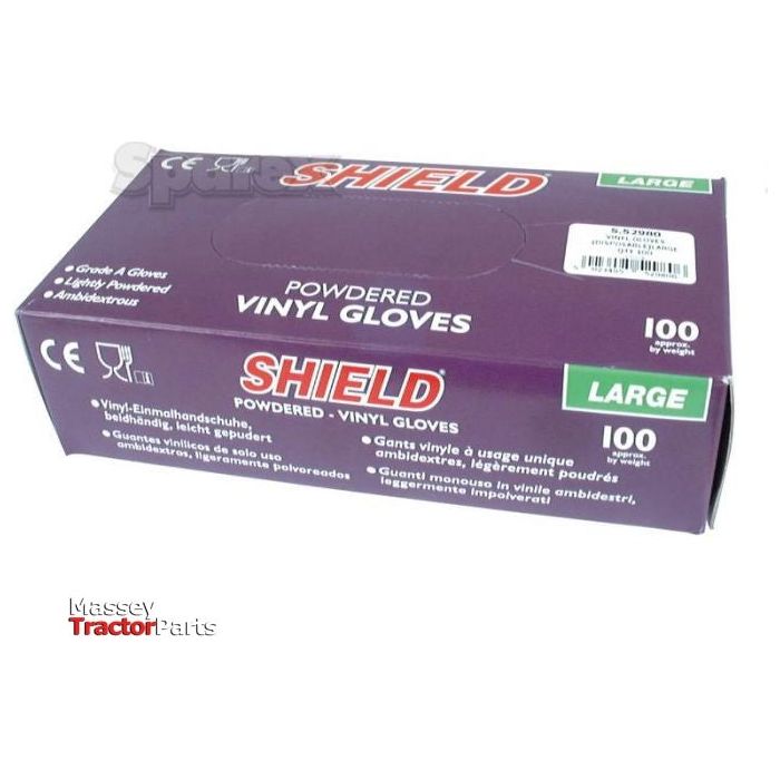 A purple box labeled "Disposable Vinyl Glove - 9/L (Qty in Box: 100) - S.52980," containing 100 latex-free, disposable gloves from the Sparex brand. The box includes multi-language text and the logo of Massey Tractor Parts.