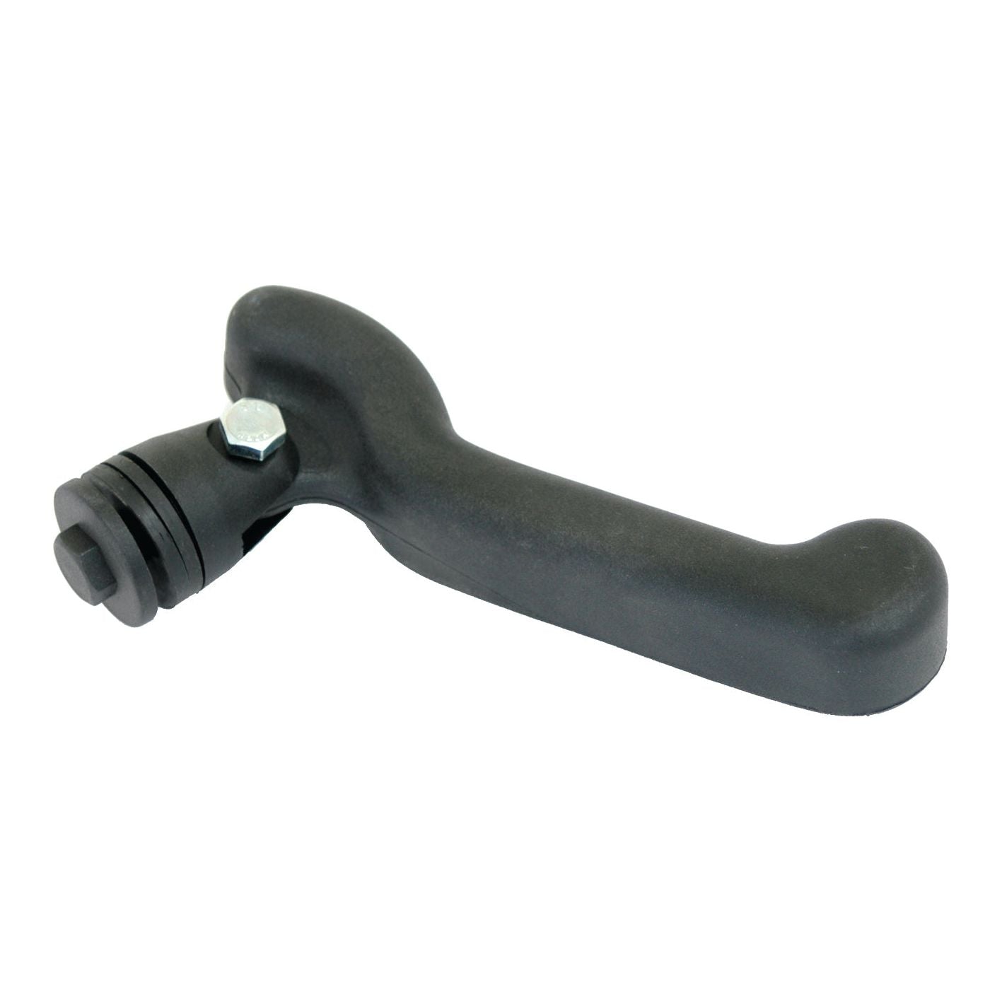A black plastic Door Handle (LH) with a metal bolt on one end, designed for Fendt machinery, offered by Sparex under Part No. S.35564.
