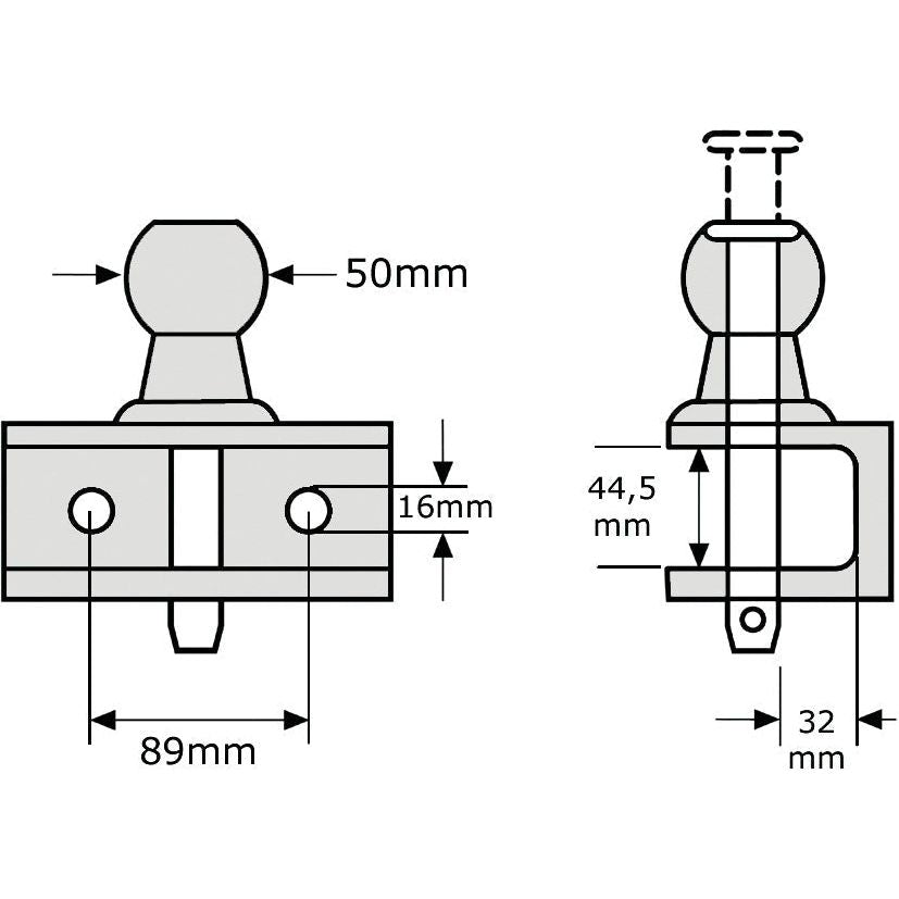 Technical drawing showing two views of a Sparex Double Duty Ball Hitch 50mm (Orange) - S.2061. Left view indicates dimensions: 50mm height, 89mm width, and 16mm depth. Right view shows 44.5mm height and 32mm base length, designed to support a ball hitch with a capacity of up to 3300lbs.