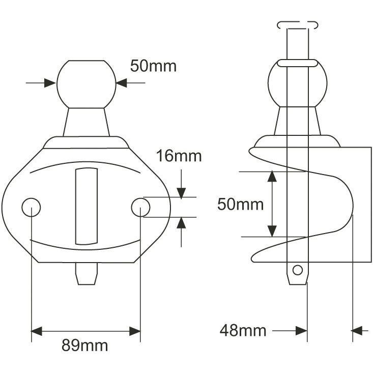 A technical drawing of a door latch with precise measurements, showcasing front and side views. The dimensions are 50mm in height, 89mm in width, 48mm in depth, and feature a 16mm spacing between mounting holes. This design guarantees durability comparable to the reliability of the Double Duty Ball Hitch 50mm (Orange) - S.4057 by Sparex.