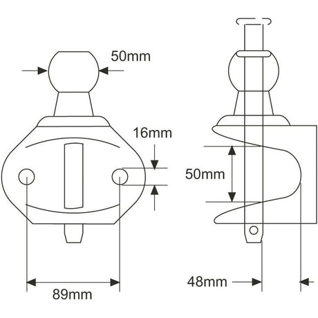 Technical drawing illustrating the dimensions of the Double Duty Ball Hitch 50mm (Orange) - S.4057 by Sparex. It measures 89mm in length, 50mm in width, and 48mm in depth, featuring mounting holes with a diameter of 16mm. This product is ideal for applications requiring a high static load and compatibility with a 50mm ball hitch.