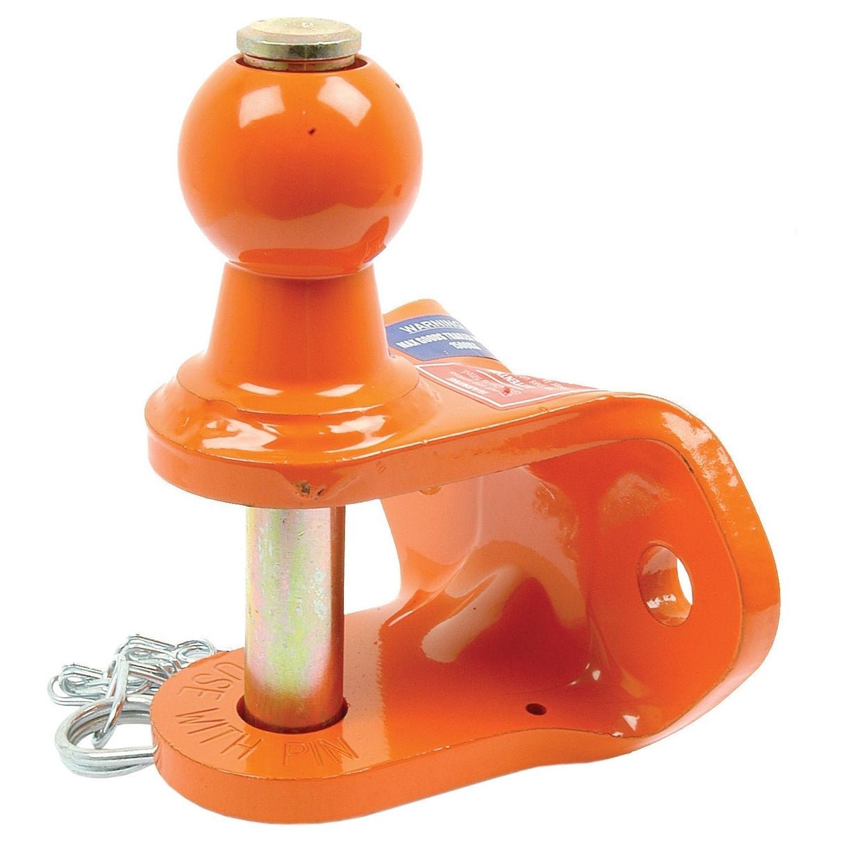 Securely attach trailers to vehicles with the Double Duty Ball Hitch 50mm (Orange) - S.4057 from Sparex, featuring a heavy-duty design with a 50mm round ball and cylindrical pin.