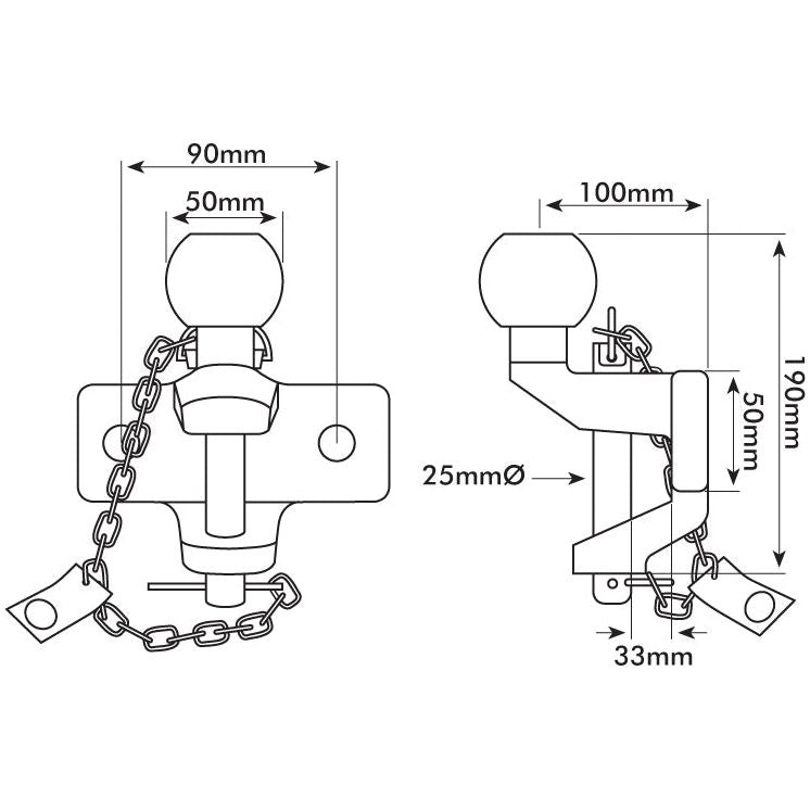 Technical drawing of the Double Duty Ball Hitch 50mm (Sparex Part No. S.18924) with dimensions. The hitch measures 90mm in width, 100mm in height, and has an overall height of 190mm. The socket ball diameter is 25mm, along with other specific measurements for different parts. It has a maximum static load capacity of 3500kg and is zinc plated for durability.