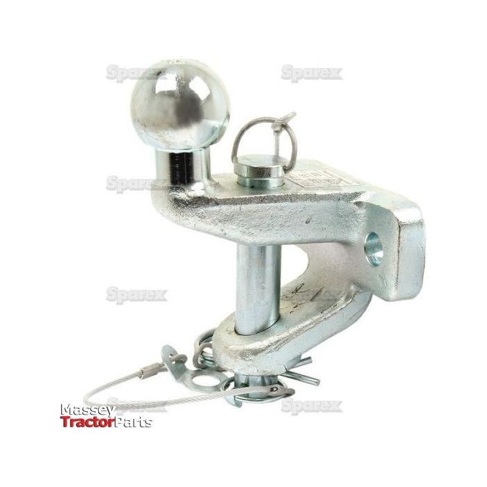 The Double Duty Ball Hitch 50mm, Sparex Part No.S.18924, features a zinc-plated tow ball mount with a secured pin and clip, a 50mm ball hitch, a metal loop attachment, and safety wire. Branded as Sparex and Massey Tractor Parts, it boasts a maximum static load of 3500kg.