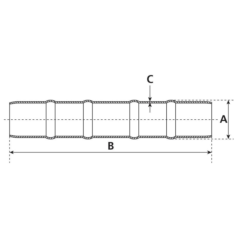 Technical drawing of the Sparex "Double Hose End: 3'' (75mm) (Galvanized) - S.79795", a cylindrical object with labeled dimensions A (diameter) and B (length). Dimension C indicates the height of several evenly spaced raised sections along the cylinder. The diagram illustrates a universal fitting compatible with various applications, including hose inner Ø measurements.