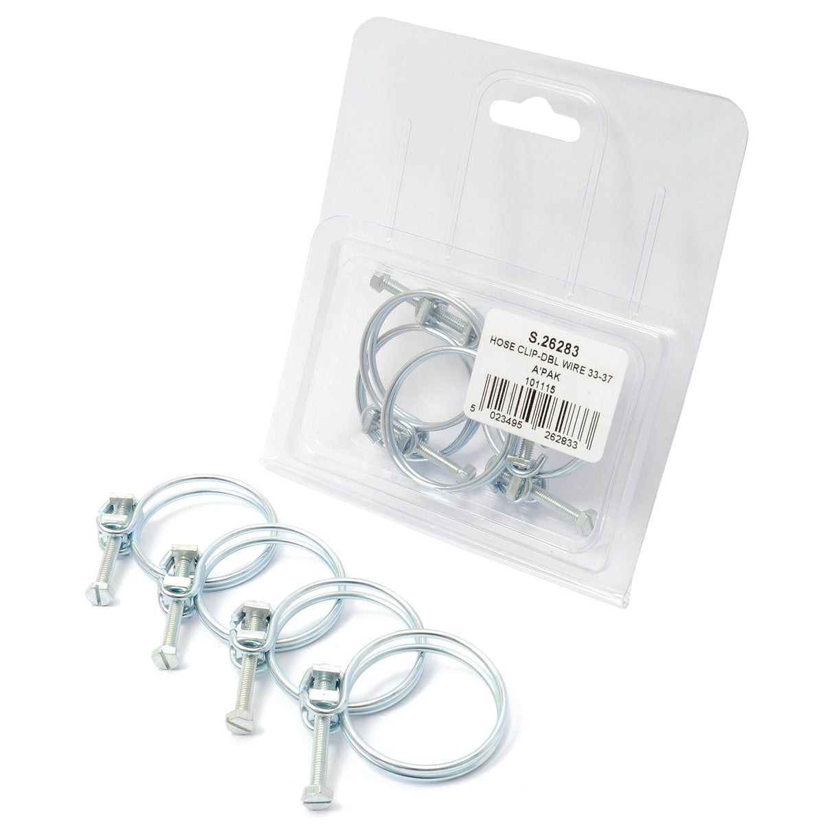 A package of 4 Sparex Double Wire Hose Clips (Ø33-37mm) from the Agripak series, arranged in a row, with one clip being used to fasten a screw. The packaging features a label displaying product information with Sparex Part No. S.26283.