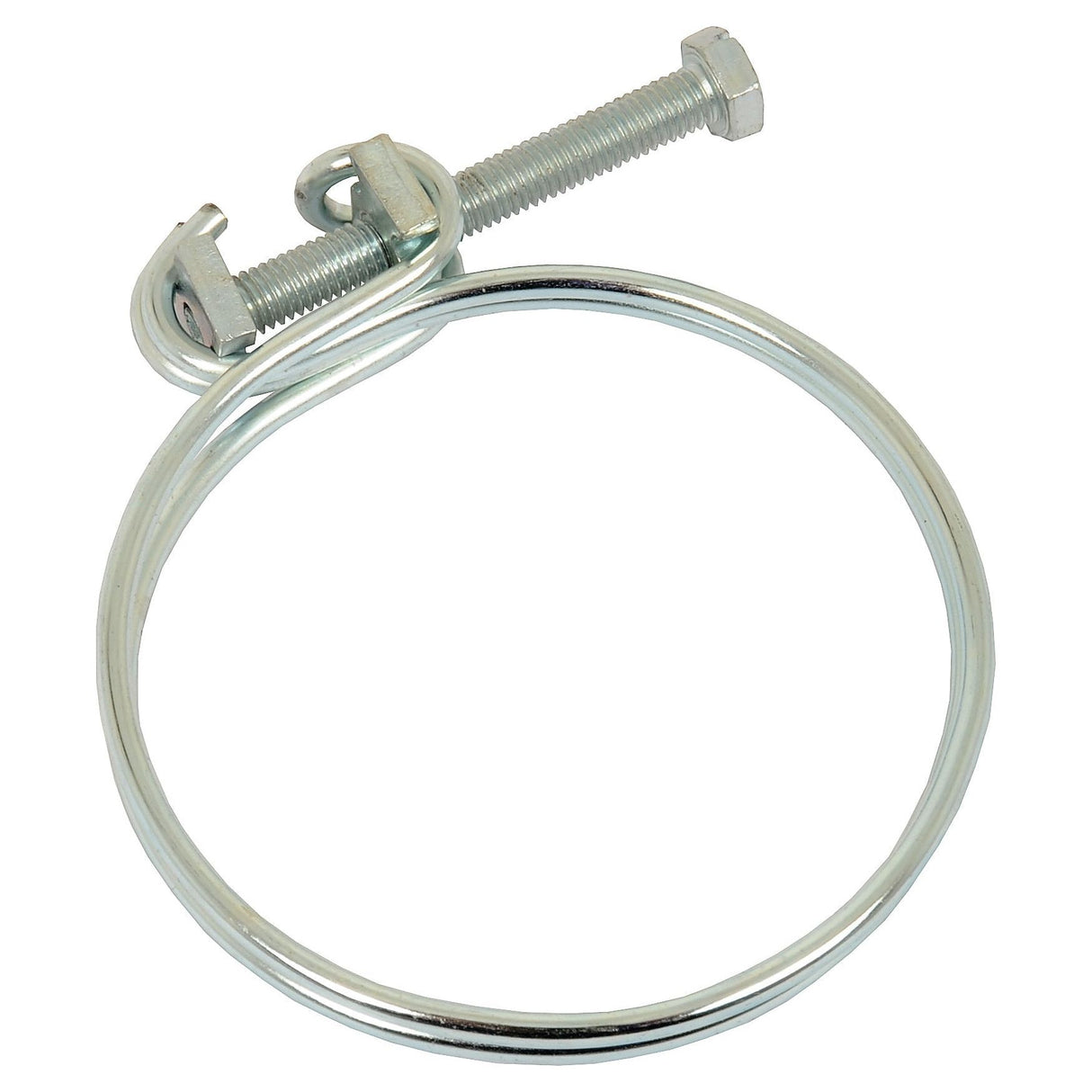 The Sparex Double Wire Hose Clip (Ø53-60mm) | Sparex Part No. S.26277 is crafted from galvanized steel and features a screw and bolt tightening mechanism, forming a circular loop.
