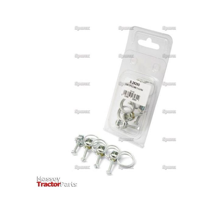 A set of Double Wire Hose Clips (Ø13-16mm) from Sparex, packaged in transparent plastic with four individual clips displayed at the front, labeled "Sparex S.26280." This reliable set is ideal to use with your Sparex Linch Pins for secure and efficient tractor maintenance.