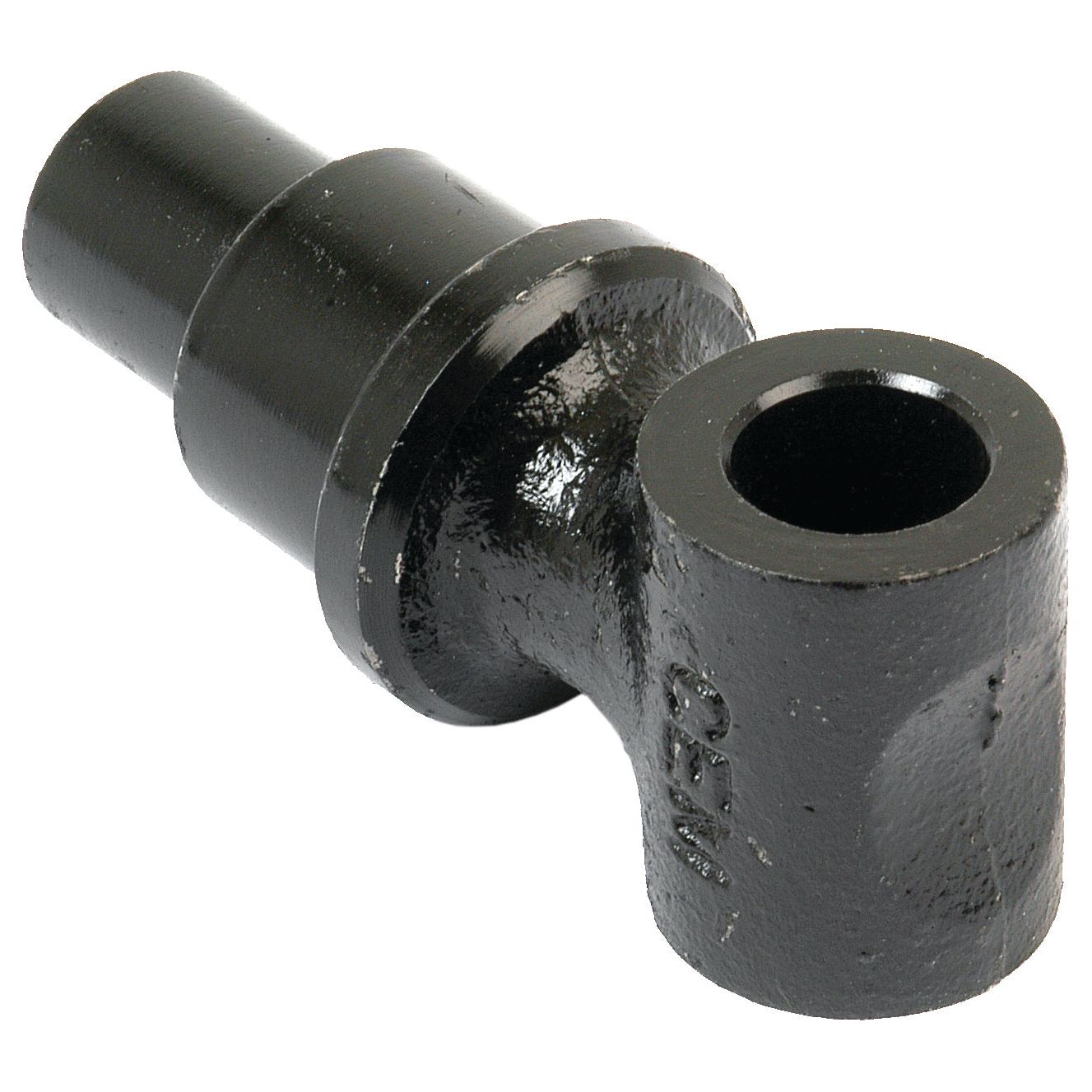 A black, cylindrical metal pipe fitting with one straight end and one end forming a 90-degree angle, designed for use in Ford / New Holland equipment. The product is known as the Draft Control Yoke and is available under Sparex Part No.S.66243 from the brand Sparex.
