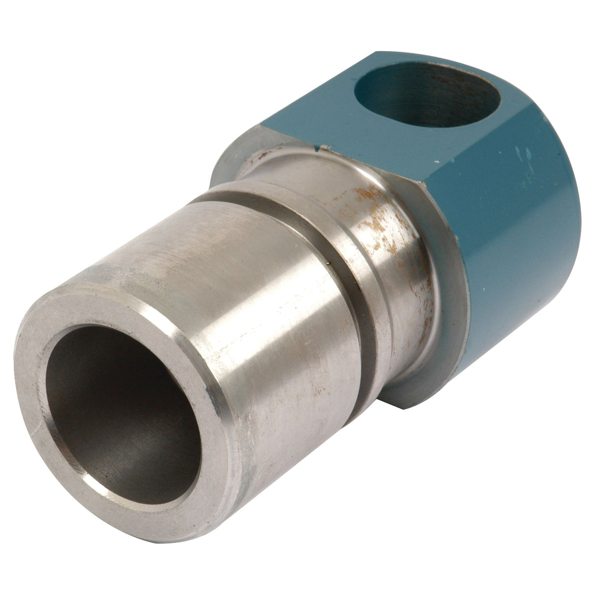 The Draft Control Yoke, Sparex Part No. S.66245, is a metal cylindrical component with a blue hexagonal attachment featuring a large circular opening, engineered for Draft Control applications.