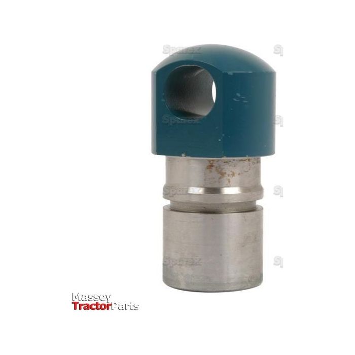 Close-up of a metal mechanical component with cylindrical and rounded parts, used in machinery. The piece is silver with a blue top part and features a visible Sparex brand marking on the bottom left, compatible with Ford New Holland equipment. It is identified as the Draft Control Yoke, Sparex Part No.S.66245.