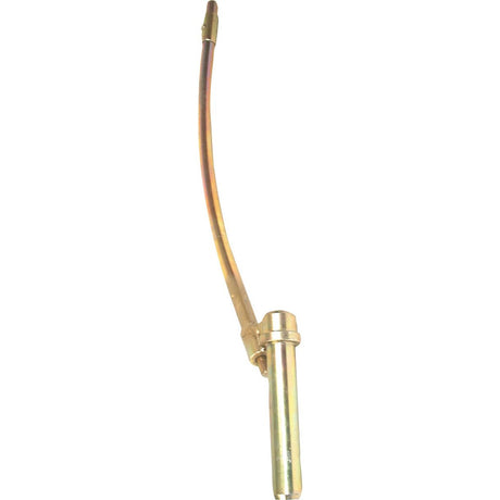 The Sparex Drawbar Pin Locking Nozzle (Sparex Part No. S.30126) is a high-quality brass blow torch nozzle with an angled, curved neck and cylindrical base, featuring a locking pin for secure attachment. It is specifically designed for directing a flame in heating or soldering tasks.