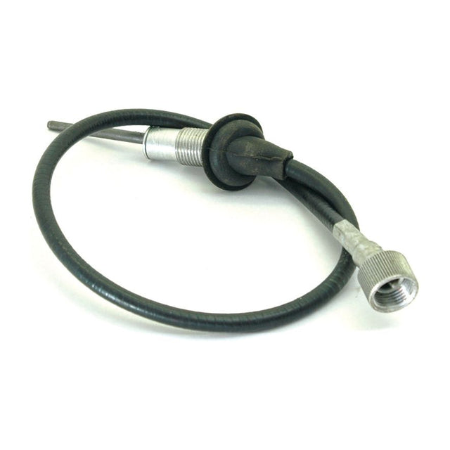 A black coiled speedometer drive cable (Sparex Part No. S.60537) with metallic connectors and a rubber seal ring, featuring a length of 600mm and an outer cable length of 560mm, compatible with John Deere tractors and designed for durability by Sparex.
