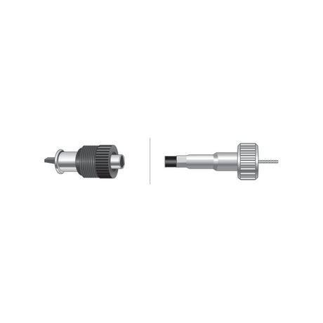 Two medical syringe needles placed horizontally side by side on a white background, each showcasing unique designs with metal and plastic elements and different tip styles, somewhat reminiscent of the meticulous engineering seen in the Sparex Drive Cable S.71979 (960mm length, 745mm outer cable length).