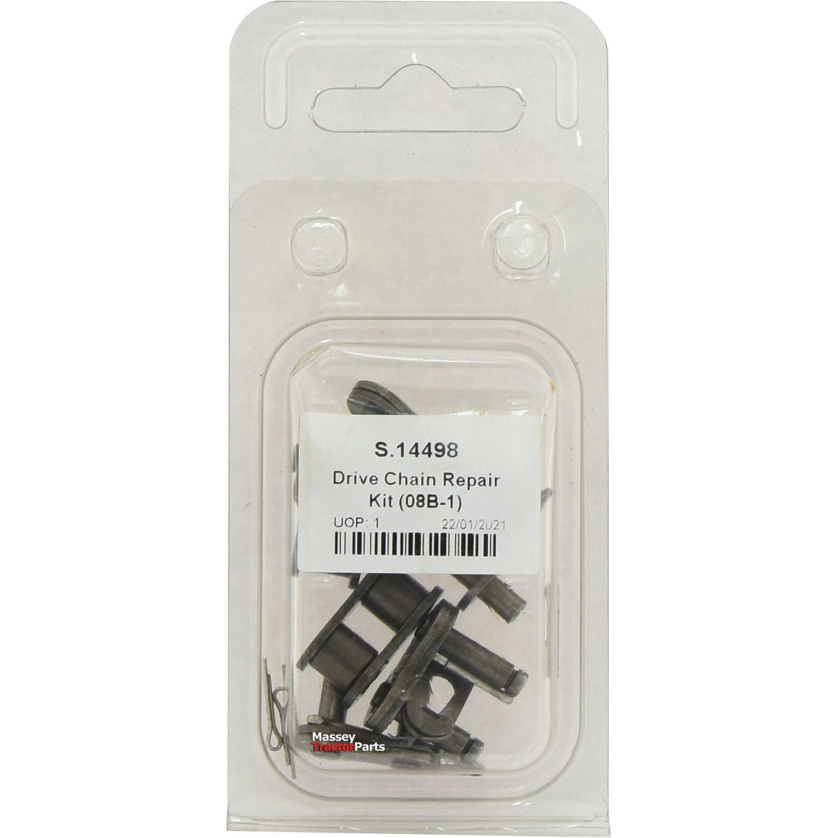 A packaged Drive Chain Repair Kit (08B-1) - S.14498 by Sparex, containing various small metal components visible inside the plastic case and featuring a Simplex chain with a roller width of 7.75mm from Agripak.