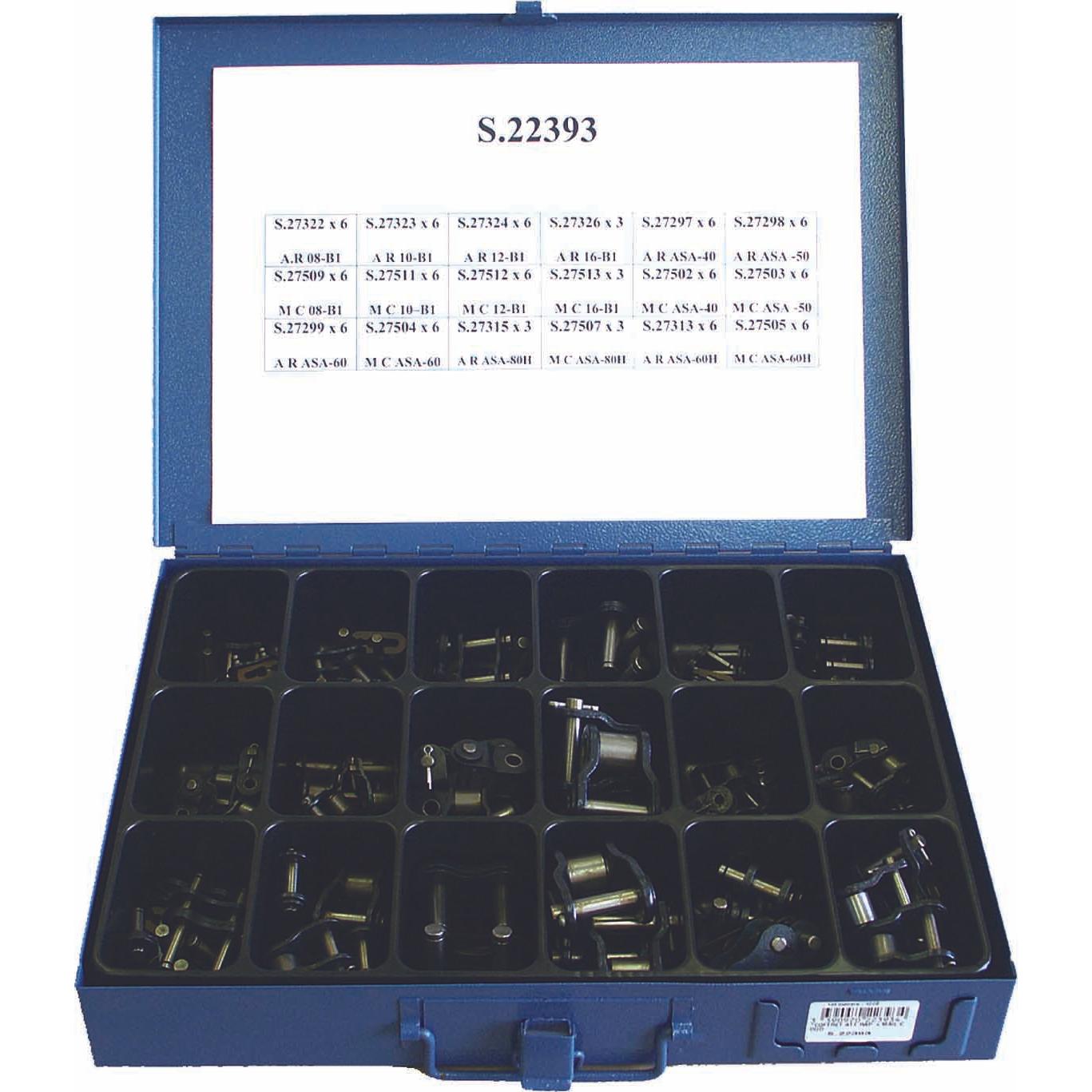 A blue box labeled "Drive Chain Repair Kit" contains various small metal components organized in individual compartments, with a Sparex label displaying part numbers on the inside of the lid.