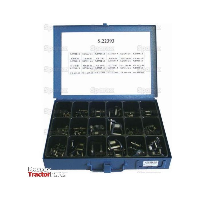 A blue organizer box with multiple compartments containing various hardware pieces and a list of part numbers inside the lid. The lid features the text "S.22393" and "Sparex," making it easy to reference your Drive Chain Repair Kit (40-1, 50-1, 60-1, 80-1 H, 08B-1, 10B-1, 12B-1, 16B-1) with efficiency and precision.