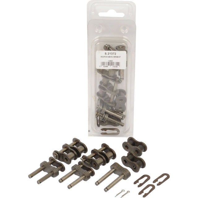 A Drive Chain Repair Kit (50-2) - S.21372 from Sparex, featuring a plastic package containing metal chain links and fasteners, with additional loose duplex links and fasteners displayed in front.