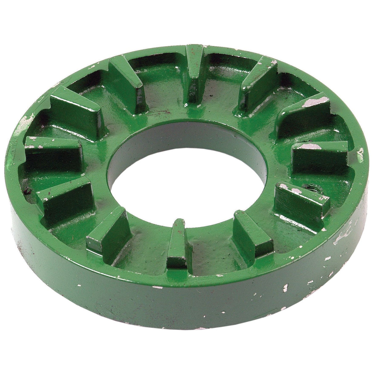 A green, round metal disc with a large central hole and multiple raised ridges around the circumference, reminiscent of the Sparex Drive Plate (Part No. S.72401) for a John Deere Hydraulic Pump Shaft.