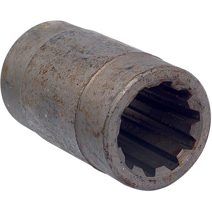A used, cylindrical metal socket featuring an inner spline configuration, potentially designed for fitting onto a corresponding spline shaft, commonly found in Case IH drive train couplings, described as the Drive Train Coupling by Sparex (Part No. S.62349).