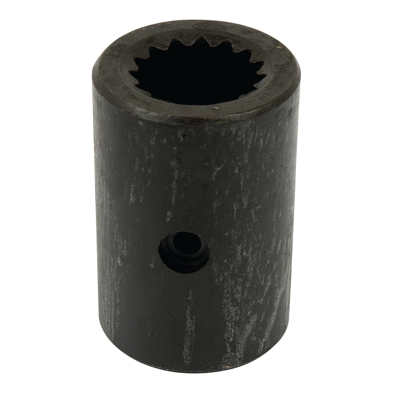 The Drive Train Coupling (Sparex Part No. S.66753) by Sparex is a cylindrical metal component featuring a toothed interior at one end and a small hole on its side, specifically designed for integration into the drive train coupling of Ford / New Holland machinery.