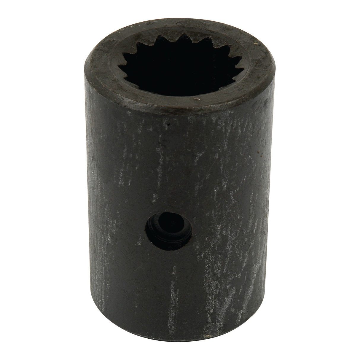 The Drive Train Coupling (Sparex Part No. S.66753) by Sparex is a cylindrical metal component featuring a toothed interior at one end and a small hole on its side, specifically designed for integration into the drive train coupling of Ford / New Holland machinery.