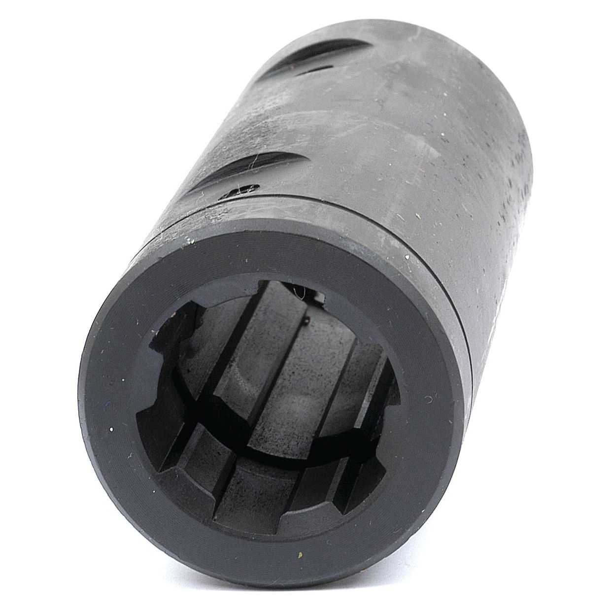 Close-up image of the Sparex Drive Train Coupling (Part No.S.74847), a black hex socket with a cylindrical shape and internal ridges, ideal for use in drive train coupling or loosening and tightening nuts and bolts.