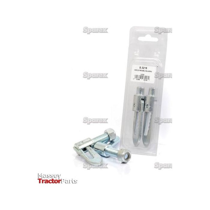 A packaged set of Sparex Droplok Pin - Weld on type spare parts, identifiable by the Agripak 2 pcs. label and Sparex Part No. S.3216, with two S.649 bolts visible in the plastic container and three loose screws and a plate arranged next to it, on a white background.