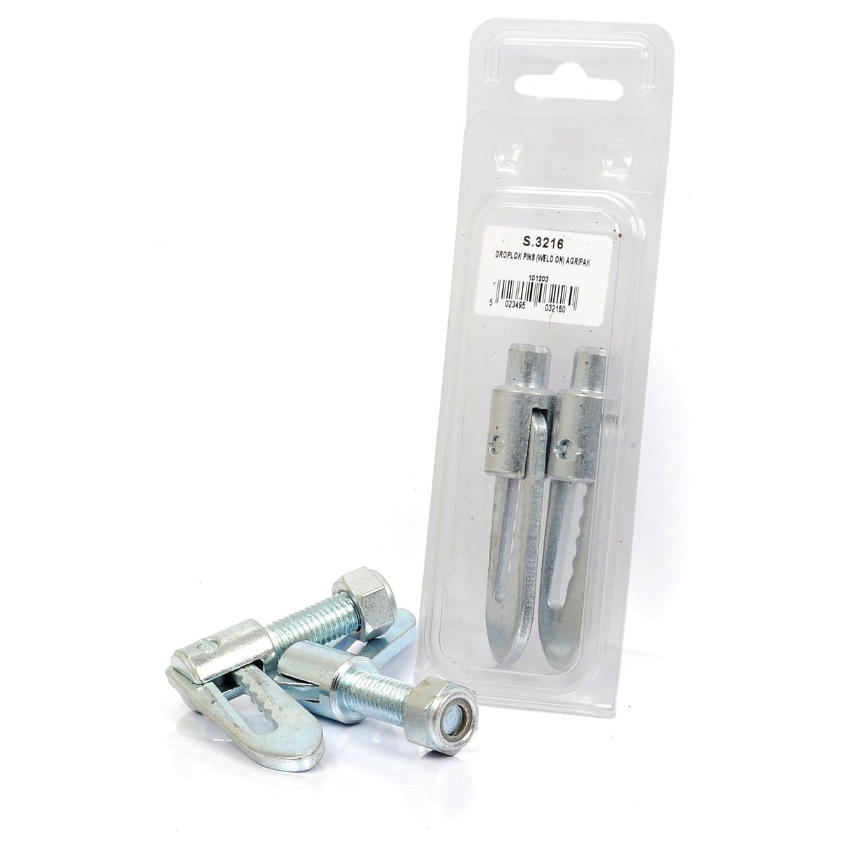 Image of packaged Droplok Pins - Weld on type (Agripak 2 pcs.), featuring two additional pins and bolts placed in front of the package. This high-quality Sparex Part No. S.3216 product ensures durability and reliability for your machinery needs.