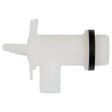 Side view of a white Drum Tap 3/4'' BSP - Plastic (Sparex Part No. S.12338) featuring a threaded screw end and a small lever handle, designed for dispensing liquids. Ideal for Sparex containers.