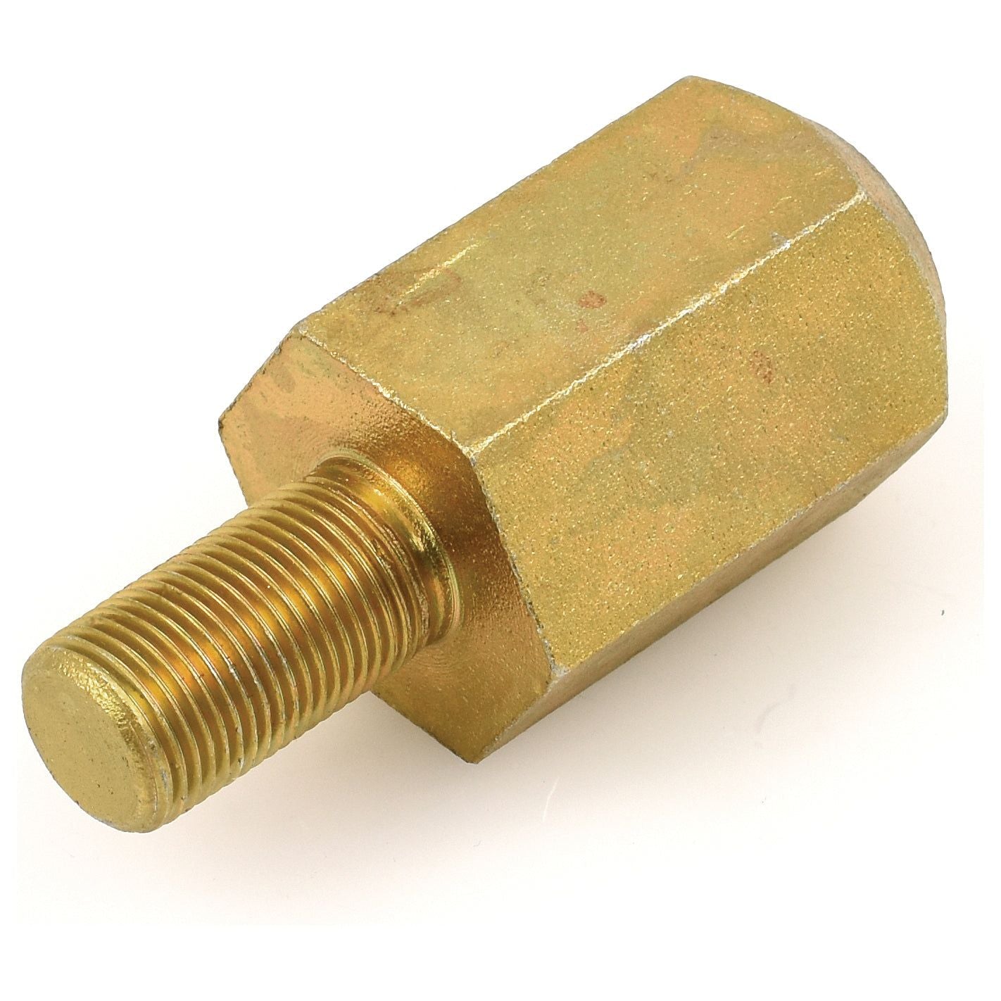 The Sparex Dual Wheel Adaptor 3/4'' x 3/4'' UNF, part number S.16028, is a brass adapter with a threaded UNF male end and a hexagonal female end used for connecting pipes or fittings.