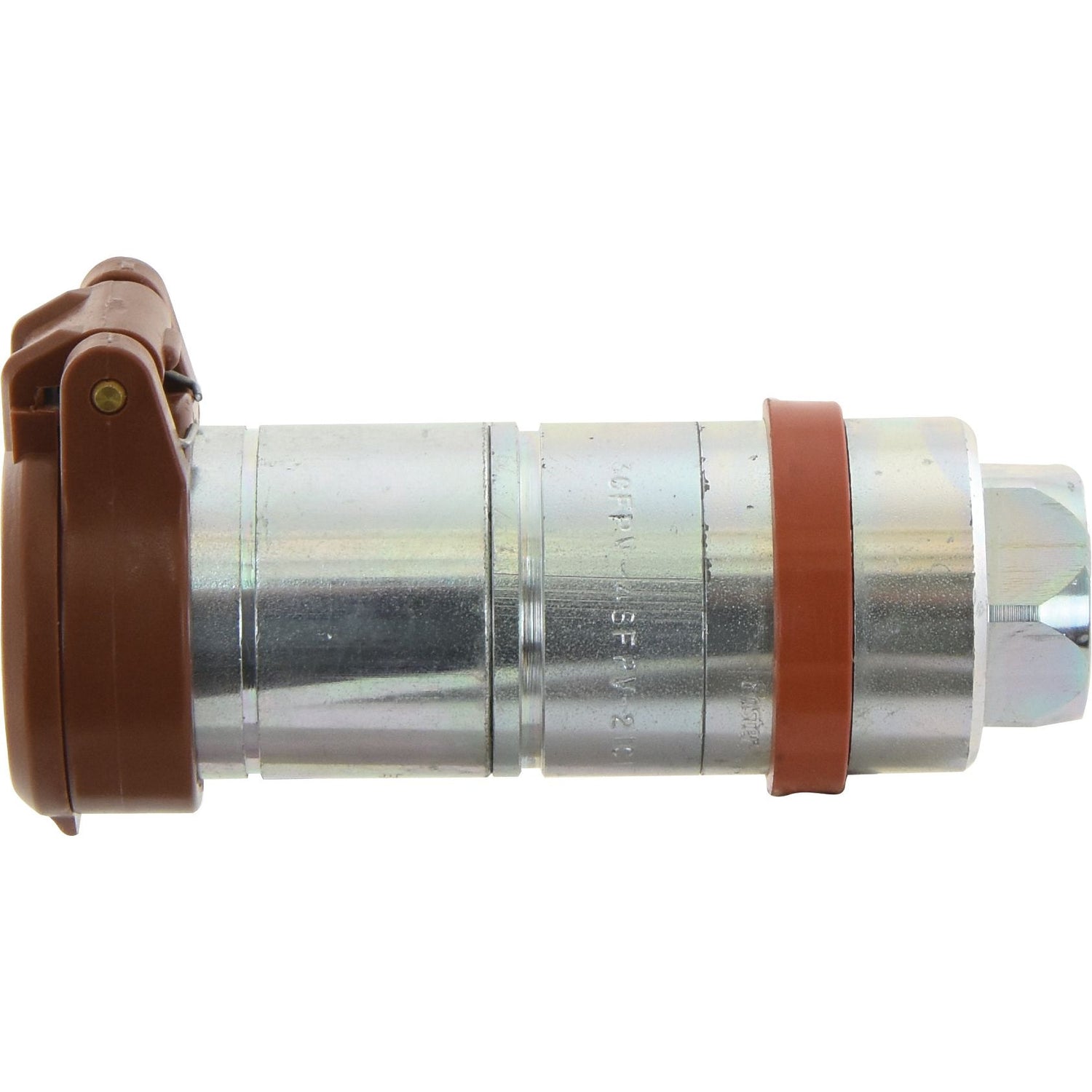 A close-up image of a metallic cylindrical connector from Sparex's PVC TA Series features a brown Faster Dust Cap (1/2" female coupling - TA12M) on one end and a silver hexagonal nut on the other end.