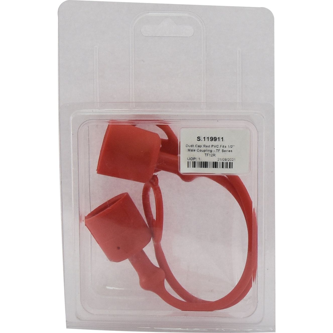 Sparex Faster Dust Cap Red PVC Fits 1/2'' Male Coupling - TF Series TF12R (Agripak 2 pcs.) - S.119911 comes with red coupling dust caps and a rubber strap in clear plastic packaging made from durable PVC material.