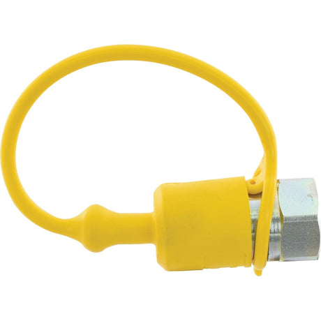 A Faster Dust Cap in Yellow PVC with an attached loop covers a metallic connector and is compatible with the 1/2'' Male Coupling from the TF Series TF12G, product code S.112763 by Sparex.