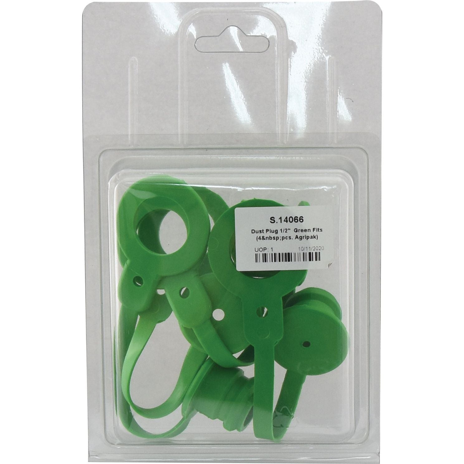 The Sparex Dust Cover Set features green PVC dust caps designed to fit 1/2" male and female couplings. Ideal for Green Coupling systems, the set includes 4 pieces (Agripak) labeled with product information and enclosed in transparent plastic packaging. Product code: S.14066.