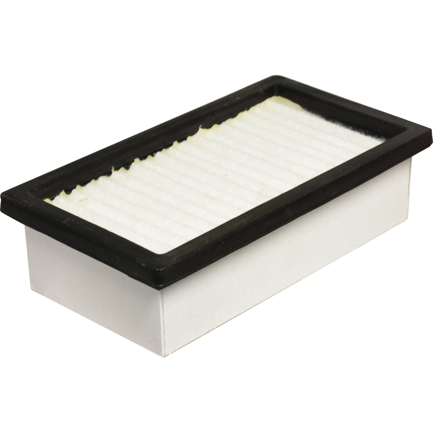 The Dust Filter - AF55766 (Sparex Part No.S.119403) by Sparex is a rectangular dust filter featuring a white pleated material surrounded by a black rubber border, specially designed for Case IH machinery.
