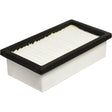 The Dust Filter - AF55766 (Sparex Part No.S.119403) by Sparex is a rectangular dust filter featuring a white pleated material surrounded by a black rubber border, specially designed for Case IH machinery.