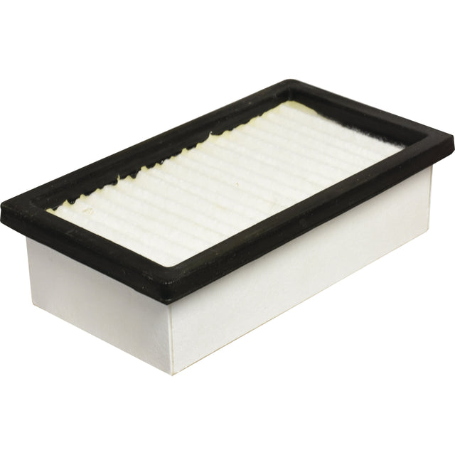 The Dust Filter - AF55766 (Sparex Part No.S.119403) by Sparex is a rectangular dust filter featuring a white pleated material surrounded by a black rubber border, specially designed for Case IH machinery.
