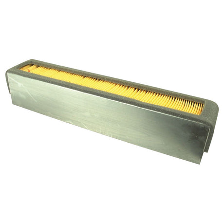 A rectangular silver and yellow dust filter element with visible pleats and carbon media, suitable for Ford/New Holland machinery, sold under the name Dust Filter | Sparex Part No. S.66574 by Sparex.