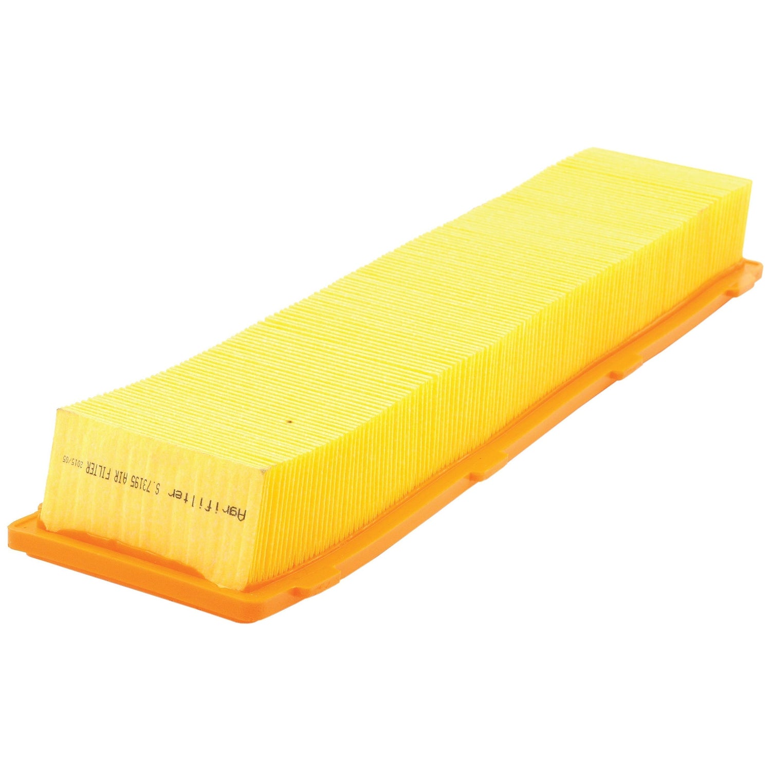 The Sparex Dust Filter (Part No. S.73195) is a rectangular yellow air filter with a pleated paper element and an orange plastic frame, viewed from an angled perspective, suitable for use with International Harvester models.