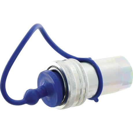 Image of a metallic cylindrical connector with a blue protective cap and attached loop, resembling the Sparex Faster Dust Plug Blue PVC Fits 3/8'' Female Coupling - TM Series TM38 - S.112785.