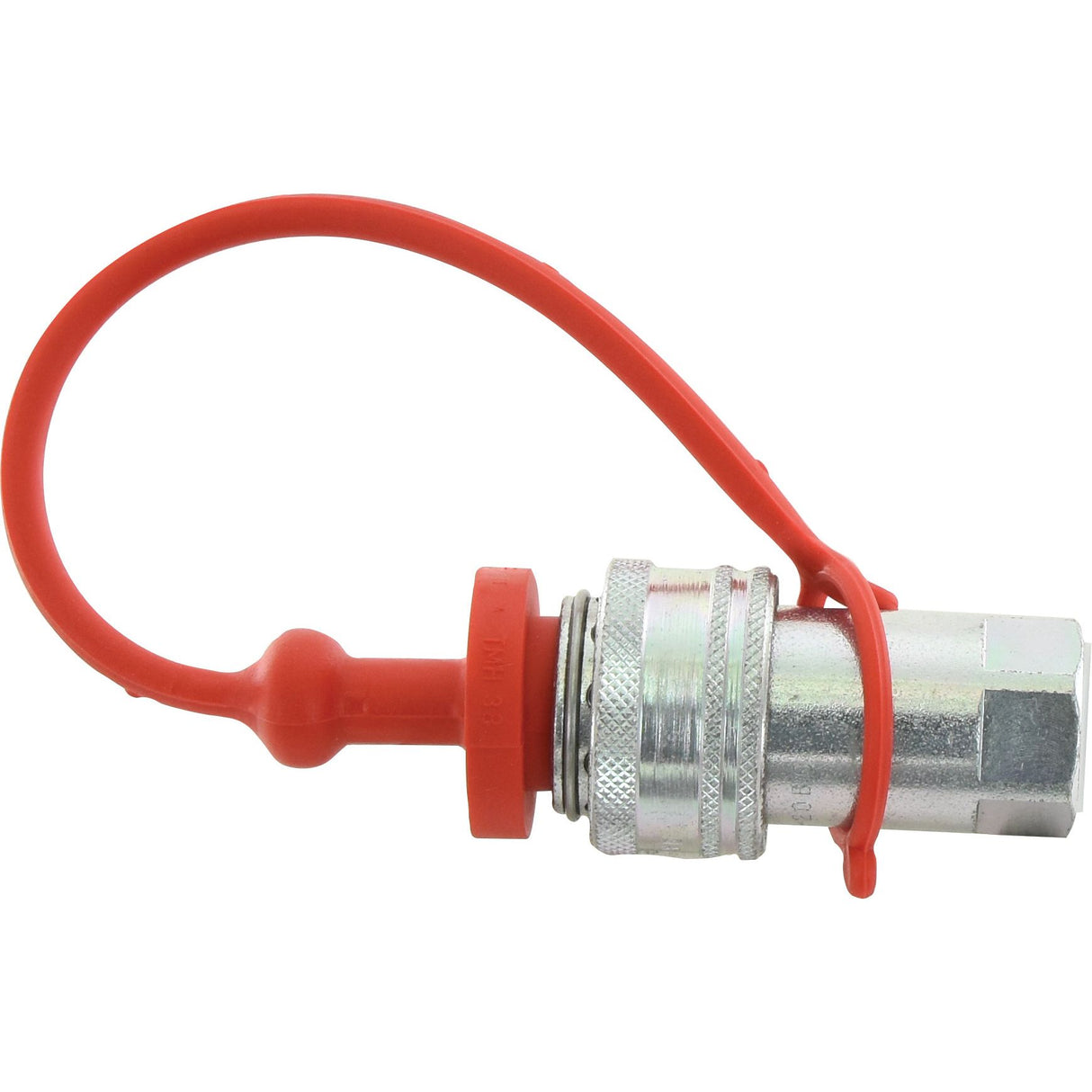 A metal hydraulic fitting from the TMH Series with a hexagonal nut and a Faster Dust Plug Red PVC Fits 3/4'' Female Coupling - TMH Series TMH 34 - S.112789 attached via a flexible loop, branded by Sparex.