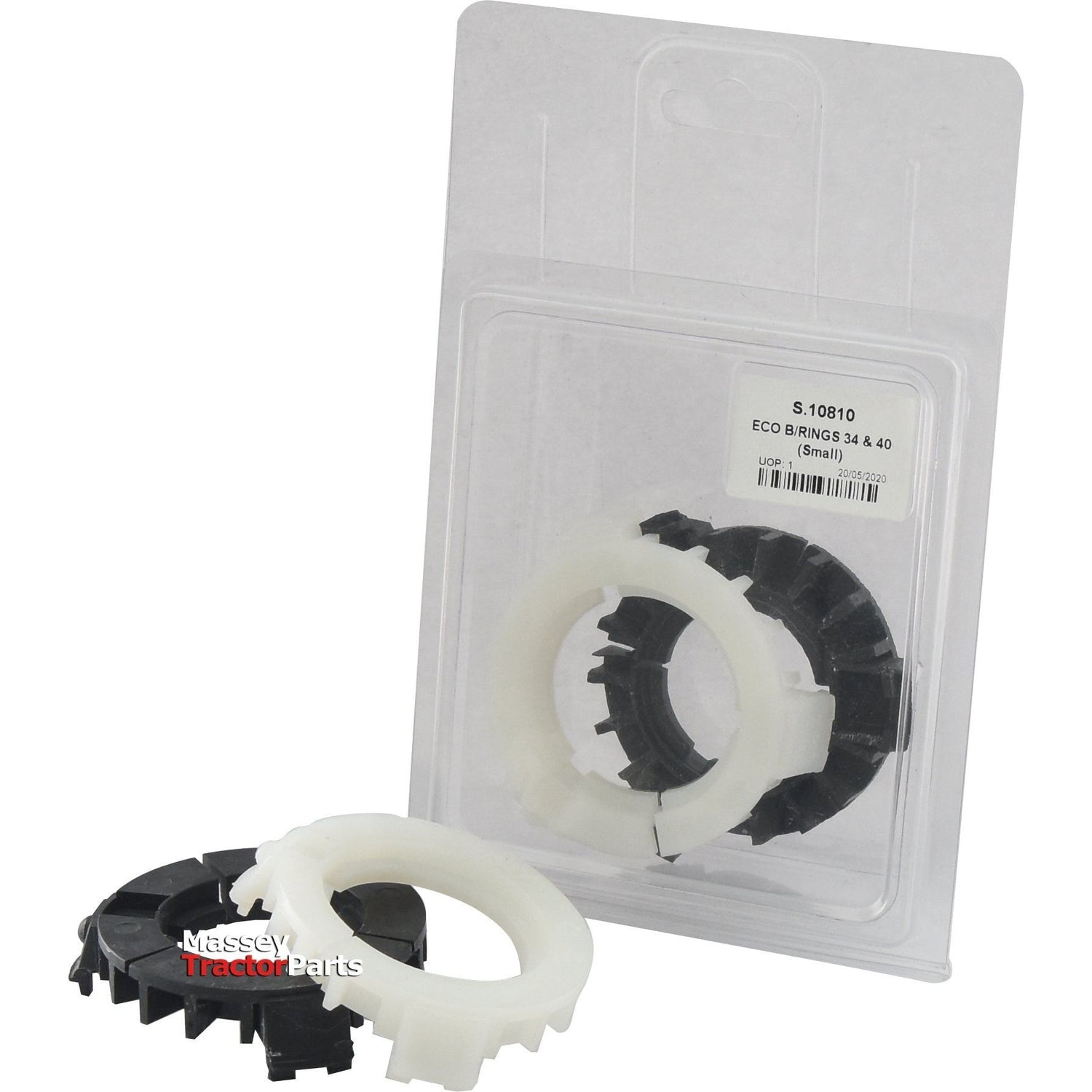 Plastic packaging from Sparex within the Italian Agripak Series, labeled "S.10810," containing two plastic ring components—one black and one white. Two additional ECO B/RINGS 34 & 40 (Small) are displayed outside the package.