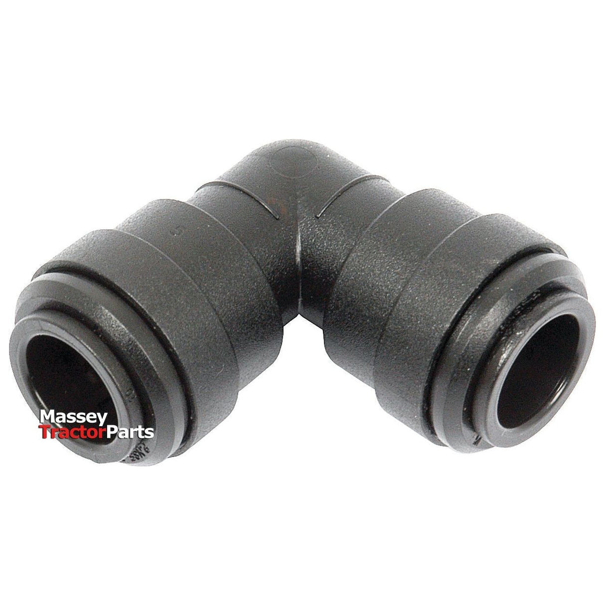 The Elbow Connector 12mm - S.12612 by Sparex is displayed, designed for hoses or pipes with a 12mm outside diameter. The bottom left corner shows the text "Massey Tractor Parts." This black plastic connector operates efficiently in temperatures ranging from -25°C to 75°C and can endure pressures up to 10 bar.