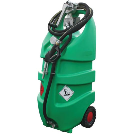 The Sparex Emilcaddy Transport Tank - 110L - Petrol (model S.153767) is a portable green fuel tank that features a hose and nozzle, along with a hazard symbol for environmental danger. It is equipped with two red wheels for easy mobility and includes a manual rotary vane pump to ensure efficient fuel transfer.